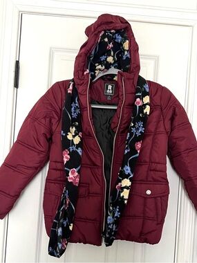 Rothschild Maroon Hooded Puffer Jacket with Floral Scarf Lining